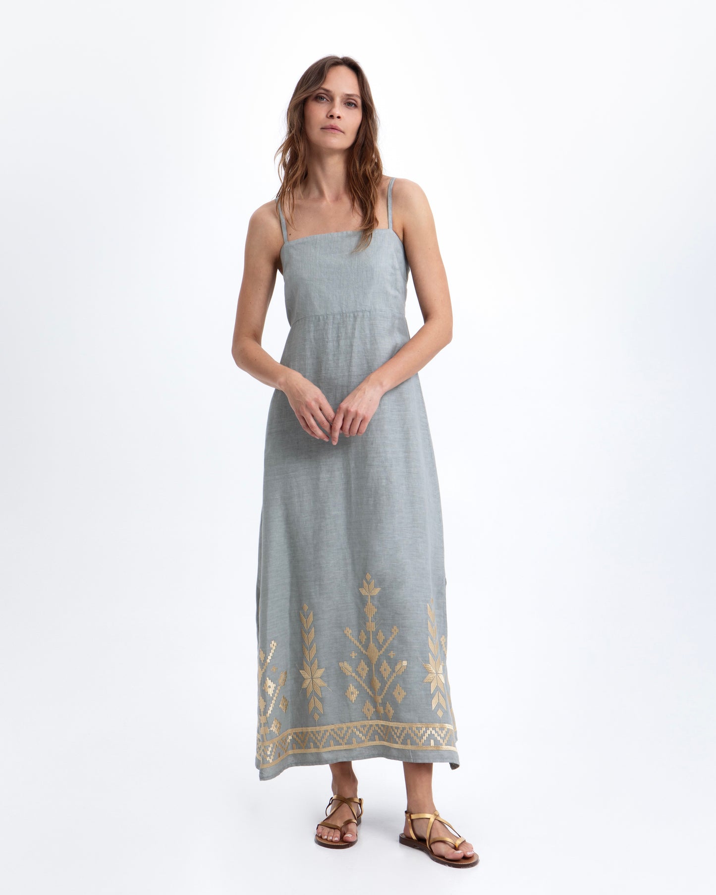 dress maxi ios straps gatherings 100% linen