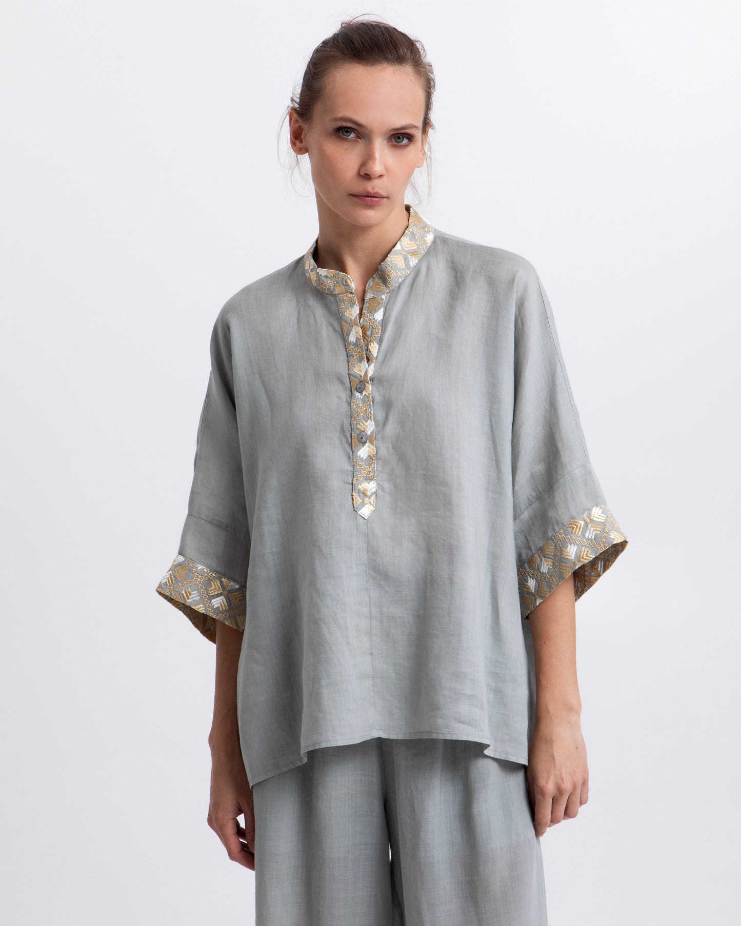 BLOUSE FLAKES L/S PLACKET 100% RAMIE