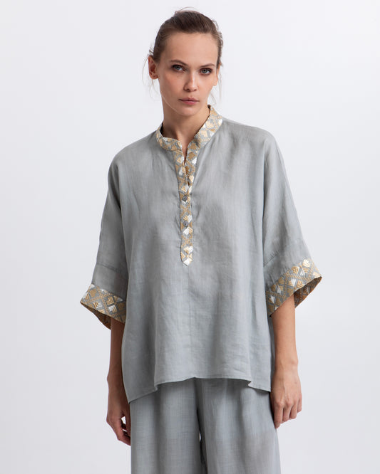 BLOUSE FLAKES L/S PLACKET 100% RAMIE