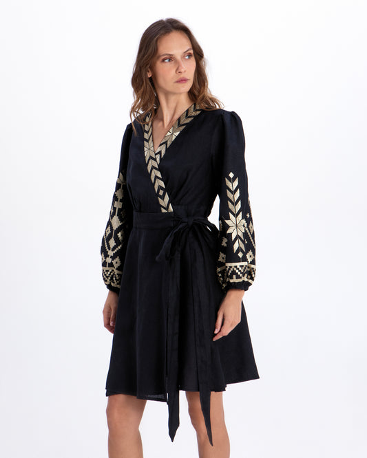 DRESS MINI IOS WRAP L/S 100% LINEN