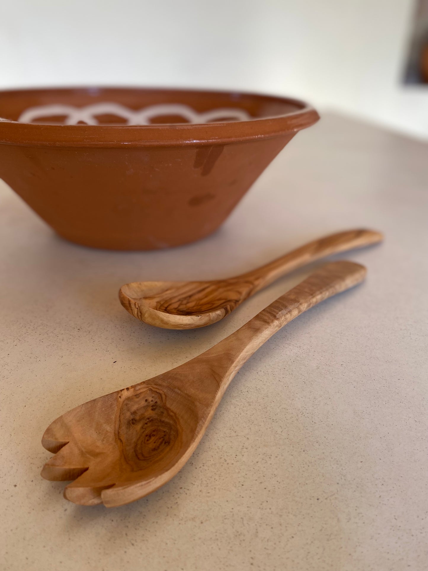Olive Wood Salad servers set long